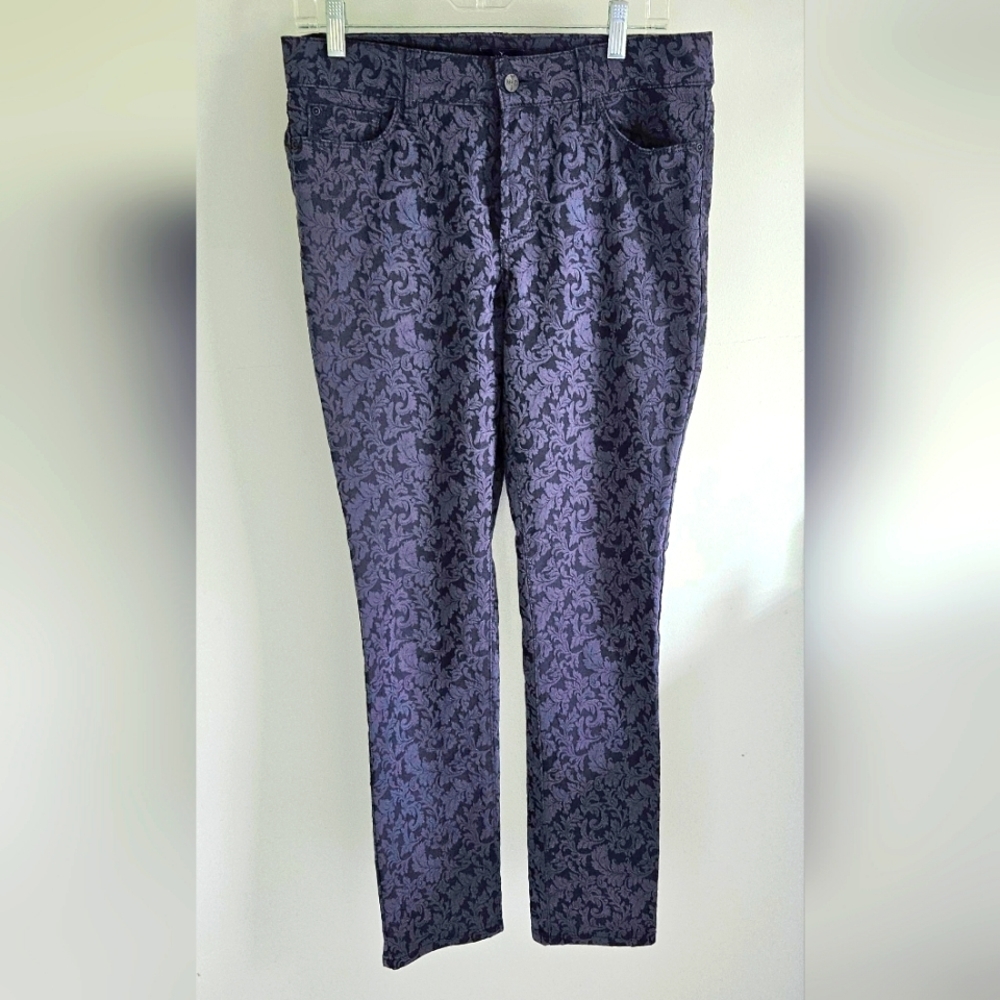 NYDJ Navy Blue Damask Lace Like Pattern Leggings